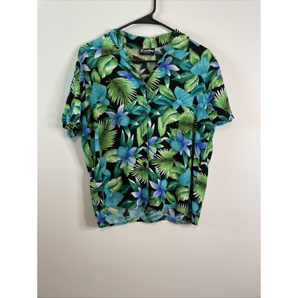 Vintage Caribou New York XL Tropical Floral Blouse Resort Cruise Top‎